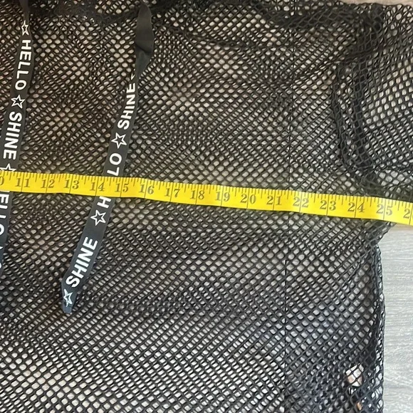 Black mesh,knit pullover w hoodie and drawstring, coverup, see through,Large - Picture 5 of 9